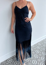 HAUTE HIPPIE navy blue silk dress with beaded and embroidery floral detailing along with a fringe finish - size 8.