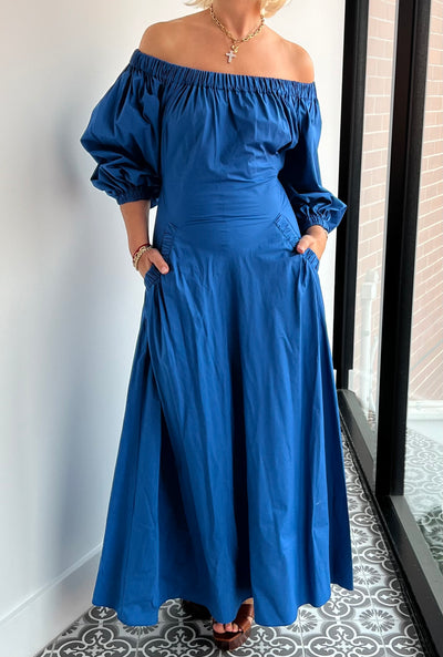 SCANLAN THEODORE blue cotton off the shoulder dress - size 6.