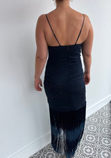 HAUTE HIPPIE navy blue silk dress with beaded and embroidery floral detailing along with a fringe finish - size 8.