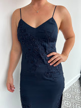 HAUTE HIPPIE navy blue silk dress with beaded and embroidery floral detailing along with a fringe finish - size 8.