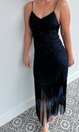HAUTE HIPPIE navy blue silk dress with beaded and embroidery floral detailing along with a fringe finish - size 8.
