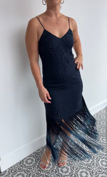 HAUTE HIPPIE navy blue silk dress with beaded and embroidery floral detailing along with a fringe finish - size 8.