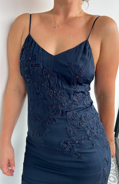 HAUTE HIPPIE navy blue silk dress with beaded and embroidery floral detailing along with a fringe finish - size 8.