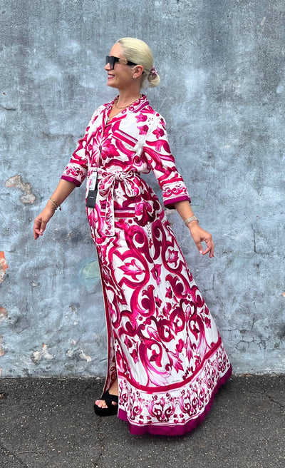 DOLCE & GABBANA belted printed silk-twill maxi shirt dress - size 42